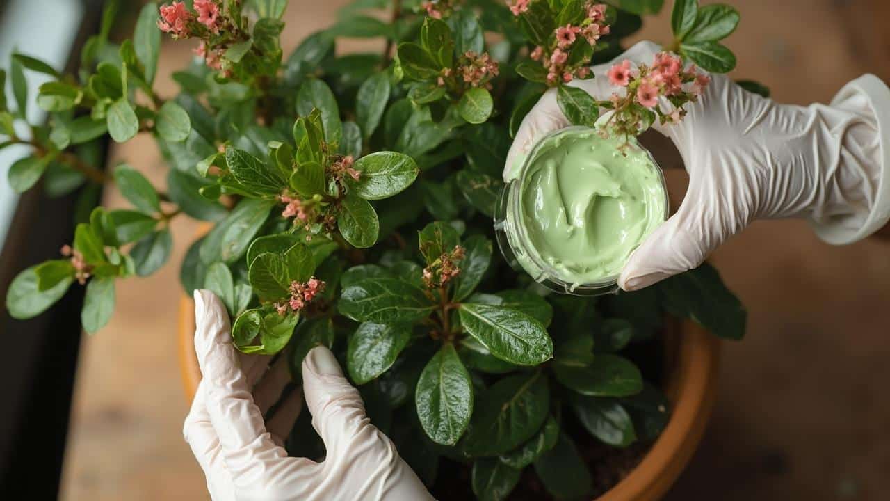 Mains gantées appliquant un soin sur une plante aromatique en fleur