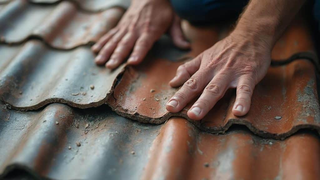 Gros plan sur les mains calleuses posées sur des tuiles usagées.