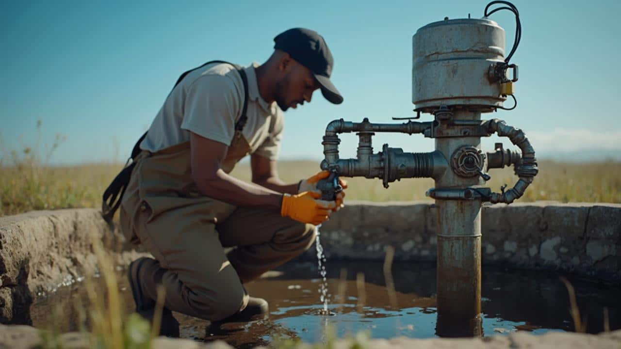 Un homme réparant une pompe d'eau dans un champ