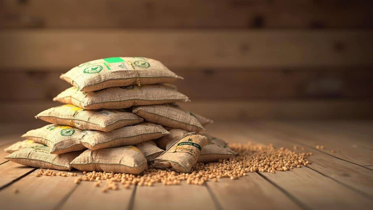 Pile de sacs en jute remplis de graines sur un parquet en bois