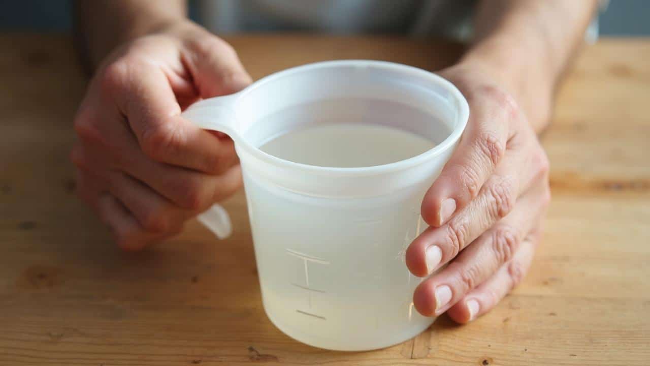 Gros plan sur une main tenant une tasse transparente remplie d'un liquide incolore.