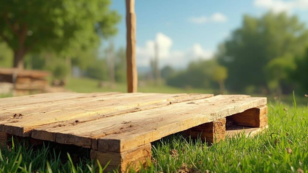 Table de pique-nique en bois brut sur l'herbe verte