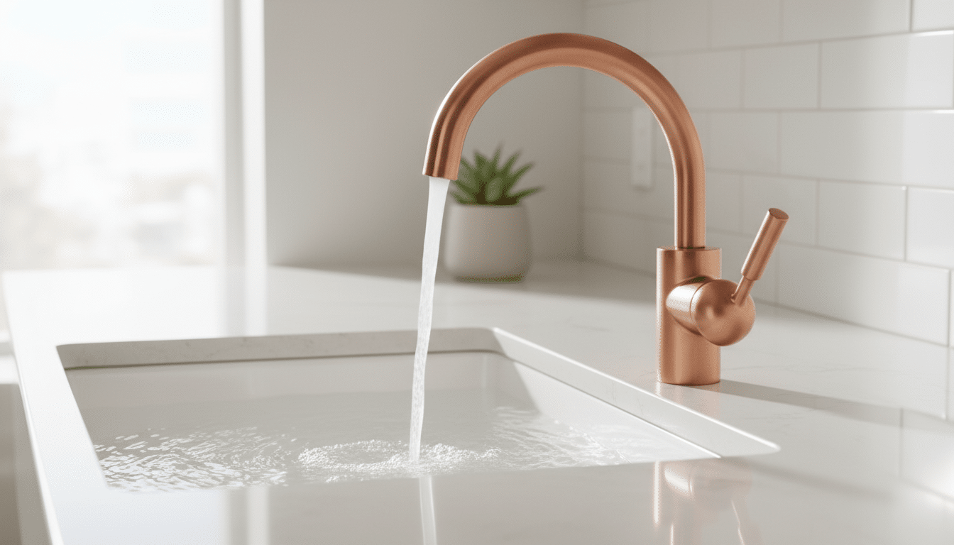 découvrez le robinet mitigeur en cuivre brossé à design élégant, disponible chez leroy merlin à seulement 74 €. profitez d'une réduction exclusive de 10 € pour un équipement de qualité au meilleur prix.