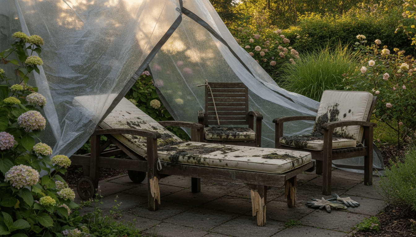 chaque été, je protégeais mon salon de jardin avec une bâche. en soulevant la housse en août, j’ai découvert un dommage caché qui s’était installé depuis des années, révélant les vrais risques d’une protection mal adaptée.