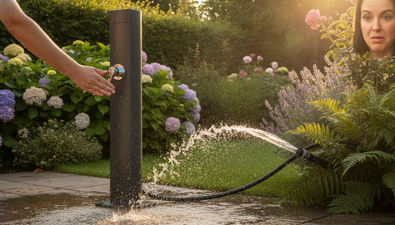 découvrez mon expérience d'installation d'une douche solaire de jardin en une après-midi, avec une surprise inattendue en ouvrant le robinet le soir à cause d'un raccord oublié.