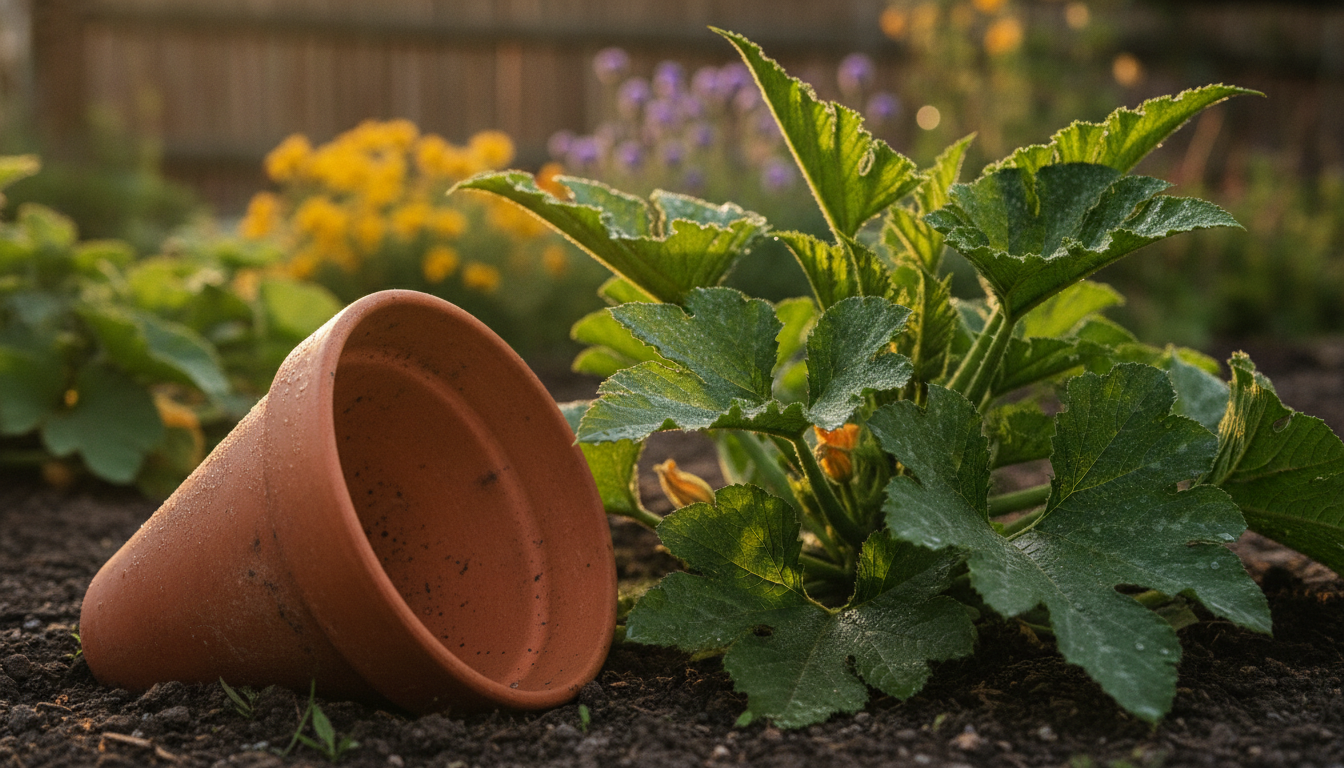 découvrez pourquoi votre voisin retourne un pot en terre cuite près de ses courgettes chaque soir et le secret bien gardé qui booste la croissance au jardin.
